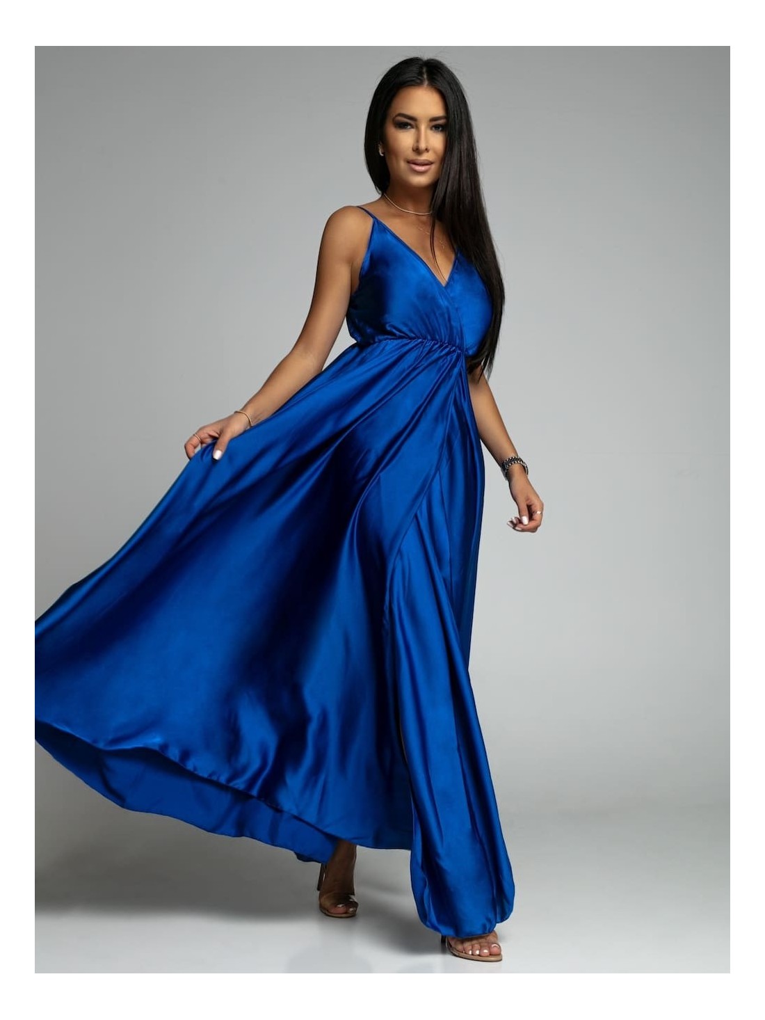 Long satin dress with straps, cornflower blue AZR126